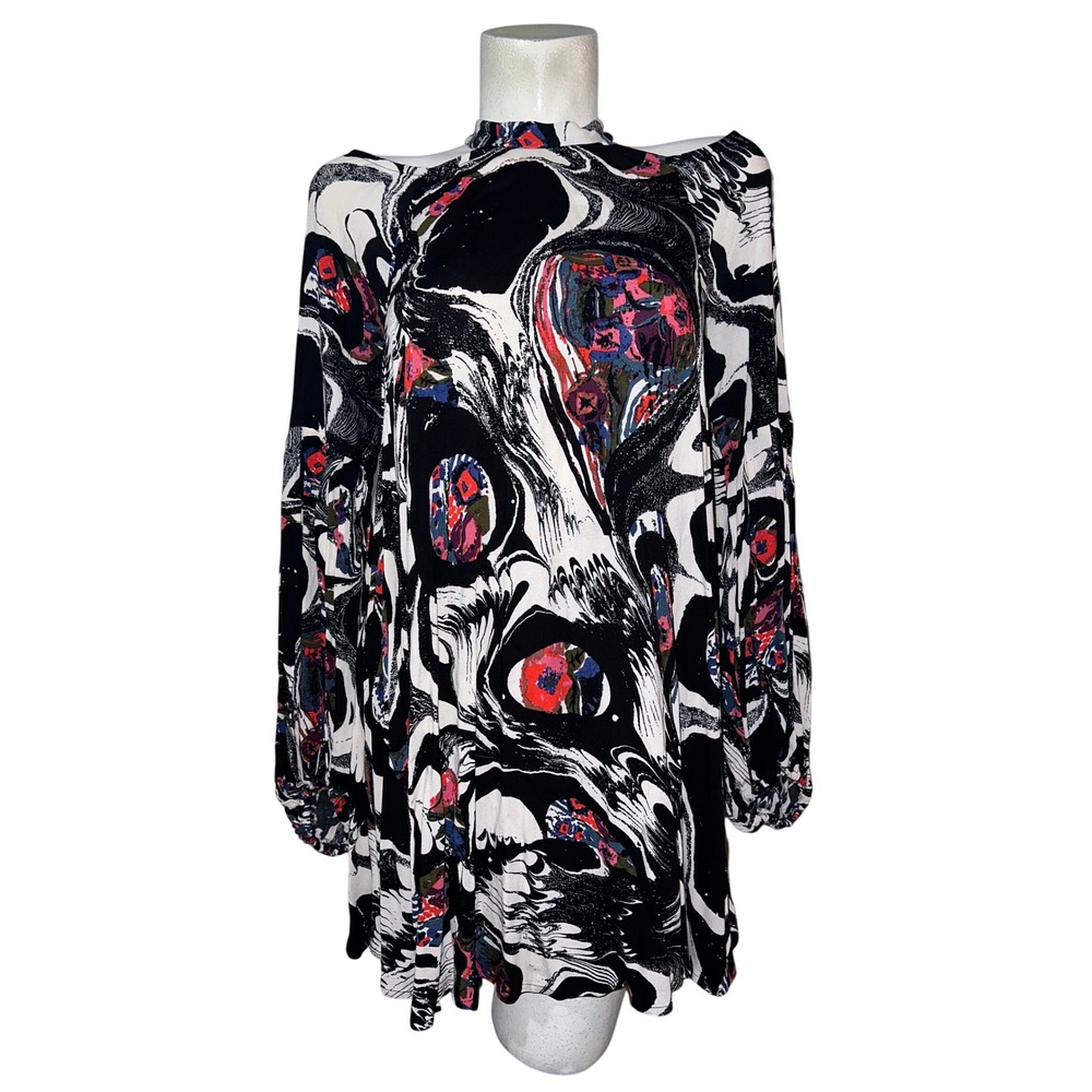 Free People Black Abstract Floral Cold Shoulder Mock Neck Mini Dress Tunic Sz S